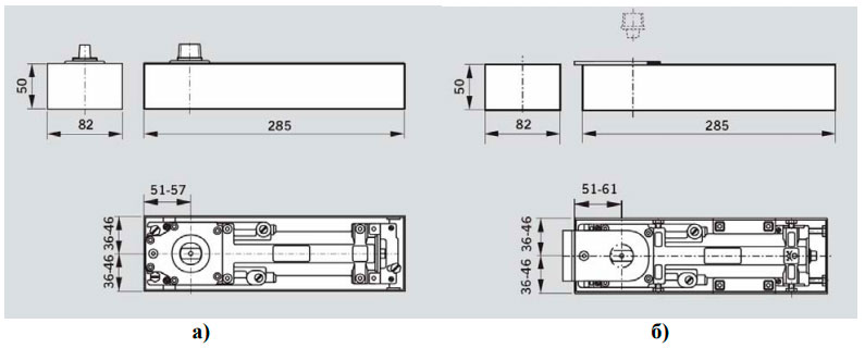 Габаритные размеры доводчика DORMA BTS 75V а) клеммного и б) болтового крепления